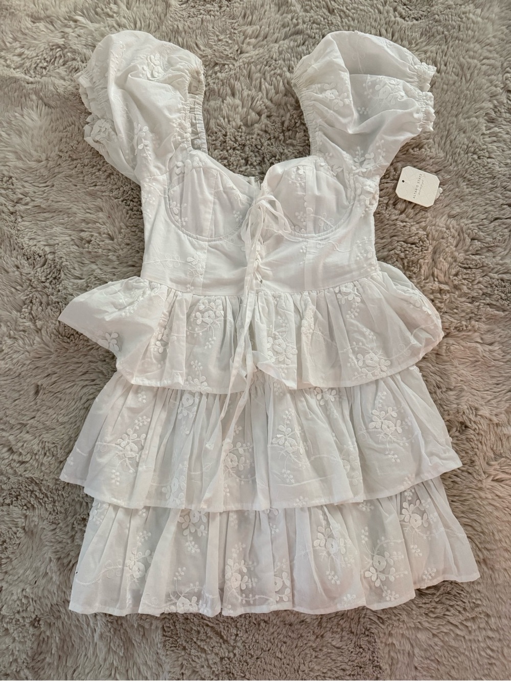 Altar'd State White Eyelet Tiered Dress with Puff Sleeves Sz S